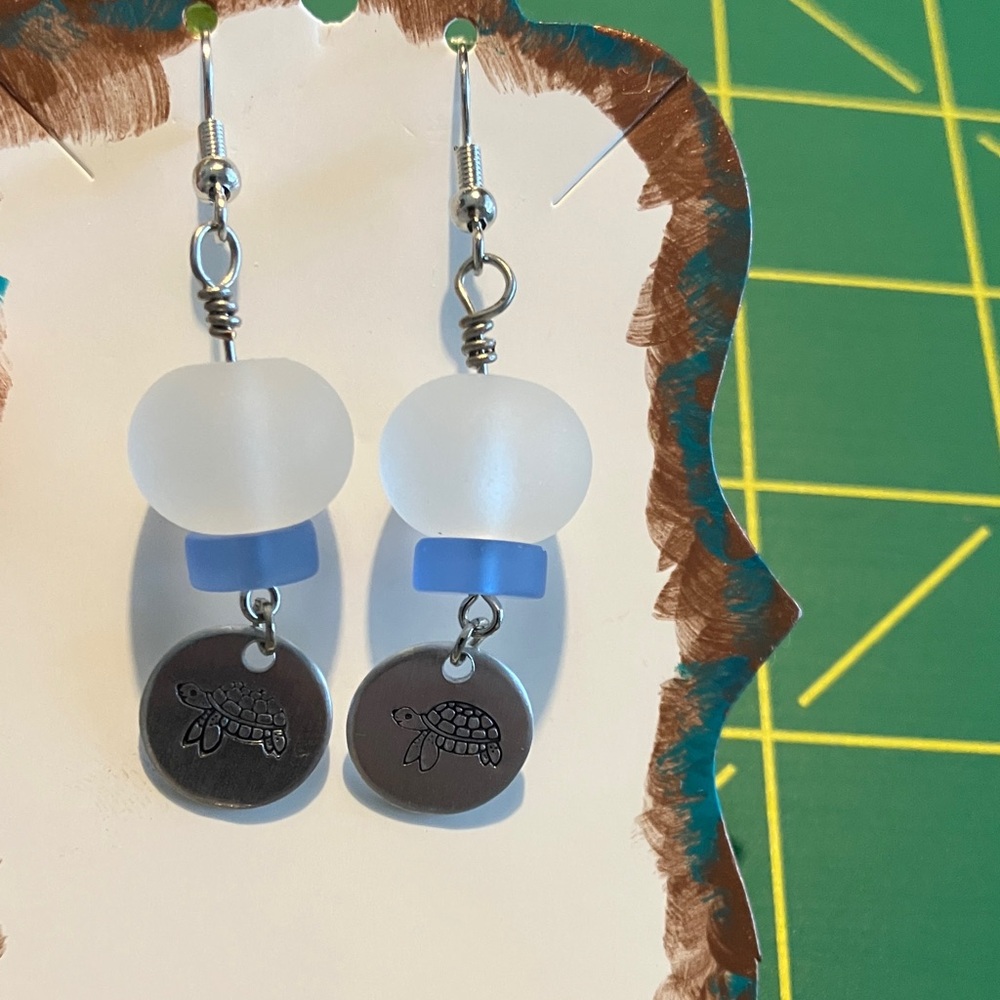 Silver and Blue Sea Glass Turtle Charm Earrings NWOT